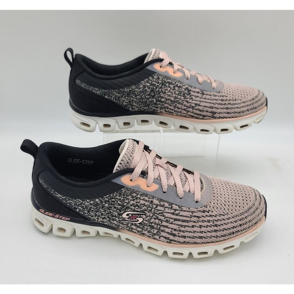 Skechers Women 7.5 Glide-Step Head Start Trainers Lace Up Sneakers Black/Lt Pink